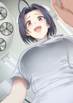 Rule 34 | 1girl, :d, ahoge, blue hair, blush, bob cut, breasts, ceiling, ceiling light, commentary, curtained hair, dress, from below, hat, highres, idolmaster, idolmaster (classic), idolmaster million live!, idolmaster million live! theater days, lamp, large breasts, light blush, lips, lower lip only, miura azusa, nurse, nurse cap, open mouth, pov, red eyes, shirt, short hair, smile, solo, tsurui, white dress, white shirt