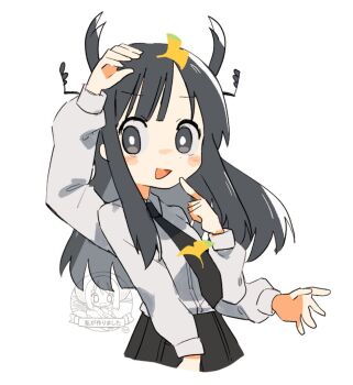 arm_up arthropod_girl beetle_girl beetle_horn black_necktie black_skirt bright_pupils extra_arms ginkgo_leaf grey_eyes grey_hair leaf leaf_on_head long_hair long_sleeves looking_at_viewer naka_(buttergirl_02) necktie open_mouth original shirt simple_background skirt smile stag_beetle white_pupils white_shirt