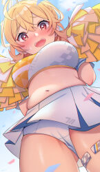 Rule 34 | 1girl, absurdres, ahoge, blonde hair, blue archive, blush, breasts, cameltoe, cheerleader, cowboy shot, from below, hair between eyes, halo, highres, holding, holding pom poms, kotori (blue archive), kotori (cheer squad) (blue archive), large breasts, long hair, millennium cheerleader outfit (blue archive), navel, official alternate costume, open mouth, pleated skirt, pom pom (cheerleading), pom poms, red eyes, shihoaitogi, short twintails, skirt, solo, thigh strap, twintails, white skirt, yellow halo