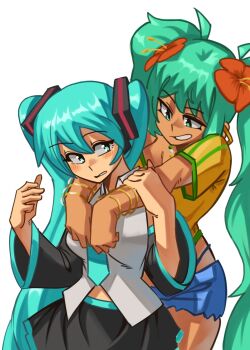 2girls aqua_eyes aqua_hair aqua_necktie black_skirt black_sleeves blue_eyes blue_hair blue_shorts bracelet brazilian_miku breasts commentary cowboy_shot detached_sleeves dual_persona english_commentary flower frown green_hair grey_shirt grin hair_flower hair_ornament hatsune_miku highres hug hug_from_behind jewelry light_blush long_hair looking_at_another looking_to_the_side medium_breasts moxydraws multiple_bracelets multiple_girls necktie parted_lips rectangular_earrings selfcest shirt shorts simple_background skirt smile tan teeth twintails very_long_hair vocaloid white_background yellow_shirt yuri