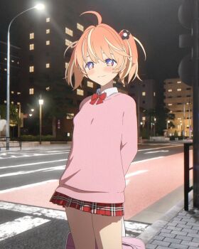 +_+ 1girl 3d ahoge arms_behind_back bag blender_(medium) blonde_hair bow bowtie bright_pupils building cel_rendering city closed_mouth collared_shirt cowboy_shot crosswalk flower hair_flower hair_ornament highres holding holding_bag lamppost light_smile long_sleeves looking_at_viewer medium_hair miniskirt multicolored_eyes multicolored_hair night orange_hair outdoors pink_bag pink_eyes pink_sweater plaid_clothes plaid_skirt purple_eyes red_bow red_bowtie red_skirt rinne_(rinrinne) rinrinne rinrinne39_(artist) school_bag school_uniform shirt skirt solo split_mouth standing streaked_hair sweater two_side_up virtual_youtuber white_pupils white_shirt