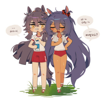 2girls animal_ears bandaid bandaid_on_face bandaid_on_nose black_hair blush bottle breasts brown_hair buruma closed_eyes dark-skinned_female dark_skin deformed ear_ornament ear_scrunchie fang gym_shirt hair_between_eyes hair_ornament hairclip highres hishi_amazon_(umamusume) holding holding_bottle horse_ears horse_girl horse_tail hwipa_(param_blue) long_hair multiple_girls narita_brian_(umamusume) open_mouth ponytail red_buruma red_scrunchie red_shorts rope scrunchie shimenawa shirt shoes short_sleeves shorts socks speech_bubble sweat tail towel towel_around_neck tracen_training_uniform umamusume very_long_hair water_bottle white_shirt white_socks yellow_eyes