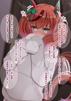 Rule 34 | 1girl, animal ears, blush, bow, brown eyes, brown hair, commentary request, covering own mouth, ear bow, ear covers, ear ribbon, ear wiggle, green bow, highres, hood, hood down, hoodie, horse ears, horse girl, horse tail, long sleeves, looking at viewer, lpikamasi, medium hair, multicolored hair, nice nature (umamusume), sleeves past fingers, sleeves past wrists, smile, solo, speech bubble, streaked hair, tail, translation request, twintails, umamusume, white hoodie