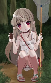 1girl alienegg animal bag beetle brown_hair bug butterfly_net dress fangs feet female_focus forest hand_net highres holding holding_animal insect loli long_hair makaino_ririmu makaino_ririmu_(3rd_costume) nature net nijisanji panties pantyshot pointy_ears red_eyes sandals short_dress smile solo squatting strap_slip summer sundress toes tree underwear upskirt virtual_youtuber white_dress white_panties