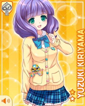 1girl alien blue_bow blue_skirt blunt_bangs bow button card_(medium) cardigan character_name clenched_hands female_focus girlfriend_(kari) green_eyes kiriyama_yuzuki looking_at_viewer official_art open_mouth pin plaid_clothes plaid_skirt purple_hair qp:flapper school_uniform shirt skirt smile solo tagme toy ufo vest white_shirt yellow_background