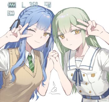 2girls ;) bang_dream! bang_dream!_it's_mygo!!!!! belt belt_buckle blue_belt blue_hair blue_ribbon breast_pocket brown_sweater_vest buckle buttons collarbone collared_shirt commentary diagonal-striped_clothes diagonal-striped_necktie double-parted_bangs dress expressionless green_necktie hair_between_eyes hair_ornament hair_ribbon hairclip hand_up haneoka_school_uniform hashtag-only_commentary heads-up_display highres holding_hands leaning_forward long_hair long_sidelocks multiple_girls neck_ribbon necktie one_eye_closed pocket ribbon sailor_collar sailor_dress scanlines school_uniform shirt short_sleeves side-by-side sidelocks simple_background smile striped_clothes summer_uniform sweater_vest togawa_sakiko tsukinomori_school_uniform two_side_up upper_body user_interface v v_over_eye v_over_head wakaba_mutsumi white_background white_dress white_sailor_collar white_shirt yellow_eyes yuri zx277x