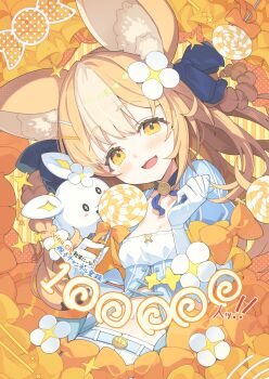 1girl :d amemochi_nina animal_ear_fluff animal_ears blonde_hair blue_dress bow braid breasts brown_bow candy cleavage dress elbow_gloves food gloves grey_hair hair_ornament hair_rings hairclip highres lollipop looking_at_viewer multicolored_hair open_mouth puffy_short_sleeves puffy_sleeves shoes short_sleeves small_breasts smile solo sparkle swirl_lollipop tam-u translation_request twin_braids two-tone_hair varium virtual_youtuber white_gloves white_shoes yellow_eyes