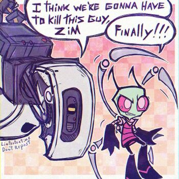 alien antennae arthropod_limbs bald cartoonized colored_skin crossover english_text extra_legs glados green_skin i_think_we&#039;re_gonna_have_to_kill_this_guy_steven_(meme) invader_zim linterteatime looking_at_viewer mechanical_legs meme no_humans pink_eyes portal portal_(series) portal_2 robot shirt smile toon_(style) zim_(invader_zim)