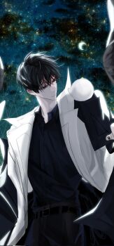 Rule 34 | 1boy, aegyo sal, backlighting, biyoo (omniscient reader's viewpoint), black hair, black shirt, black wings, coat, collared shirt, commentary request, cowboy shot, crescent, feathered wings, hayu beck, head tilt, highres, kim dokja, korean commentary, looking at animal, male focus, night, omniscient reader's viewpoint, open clothes, open coat, shirt, shirt tucked in, short hair, sky, smile, star (sky), starry sky, white coat, wings