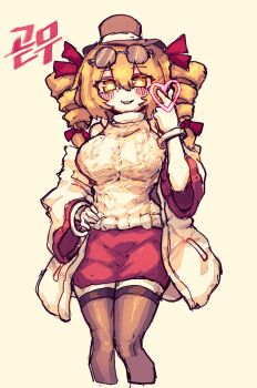 Rule 34 | 1girl, alternate costume, bare shoulders, blush, breasts, brown thighhighs, commentary, drill hair, eyewear on head, finger heart, hair ribbon, hand on own hip, hat, heart, highres, jacket, korean commentary, large breasts, looking at viewer, miniskirt, open clothes, open jacket, orange eyes, orange hair, rampa93, ribbon, round eyewear, skirt, sleeveless, sleeveless sweater, solo, sweater, thighhighs, touhou, translation request, twin drills, white jacket, white sweater, yorigami jo'on