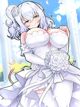 absurdres bare_shoulders blush bombergirl bouquet breasts dress flower fuse_tail garter_straps highres holding holding_bouquet large_breasts lit_fuse looking_at_viewer medium_hair shiroe_(bombergirl) showers-u side_ponytail smile thighhighs wedding_dress white_dress white_hair white_thighhighs yellow_eyes