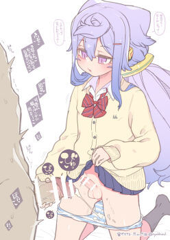 2boys artist_name bad_source bar_censor black_socks blue_panties blush bow bowtie cardigan censored clothed_male_nude_male clothes_lift commentary_request cum cum_in_clothes cum_in_panties ejaculation emotionless_sex erection expressionless hacka_doll hacka_doll_3 hair_ornament hairclip handjob heart highres jitome kneeling lifting_own_clothes long_hair long_sleeves looking_down male_focus miniskirt misskey.io_username multiple_boys nude nyakkuru panties panty_pull penis pink_eyes precum purple_hair school_uniform simple_background skirt skirt_lift small_penis socks solo_focus sound_effects speech_bubble spoken_heart striped_clothes striped_panties testicles translated trap two-tone_panties underwear very_long_hair white_background yaoi