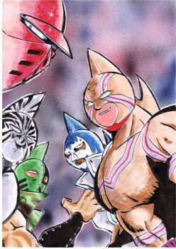 Rule 34 | 5boys, armlet, armor, artist request, biceps, blank eyes, grin, helmet, jewelry, kinniku ataru, kinnikuman, kinnikuman big body, kinnikuman mariposa, kinnikuman soldier, kinnikuman super phoenix, kinnikuman zebra, large pectorals, looking at viewer, looking to the side, manly, mask, military, military uniform, multiple boys, muscular, pectorals, serious, simple background, smile, wrestling, wrestling mask, wrestling outfit