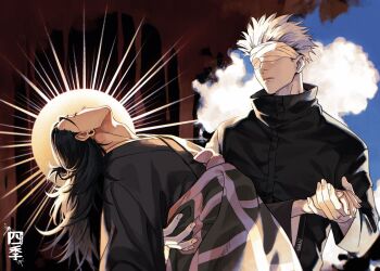 Rule 34 | 2boys, adam's apple, black jacket, black robe, blindfold, closed eyes, closed mouth, collared jacket, commentary, earrings, english commentary, getou suguru, gojou satoru, highres, holding hands, jacket, jewelry, jujutsu kaisen, jujutsu tech uniform, long hair, long sleeves, male focus, multiple boys, piercing, plug (piercing), robe, tikklil, upper body, white hair