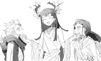 3boys :d :| ^_^ androgynous antlers arrow_(projectile) bad_id bad_twitter_id bishounen blush churro_cookie closed_eyes closed_mouth cookie_run cookie_run:_ovenbreak forehead_jewel greyscale hair_rings height horns humanization inactive_account jitome long_hair male_focus millennial_tree_cookie monochrome multiple_boys nana_(ebitokanimiso) open_mouth painttool_sai_(medium) quiver robe scarf short_hair simple_background sketch smile very_long_hair white_background wind_archer_cookie