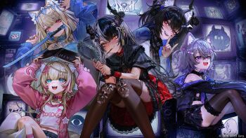 Rule 34 | 5girls, :d, ?, absurdres, alternate hairstyle, animal ear fluff, animal ears, asymmetrical horns, asymmetrical legwear, bandaid, bandaid hair ornament, black capelet, black hair, black jacket, black shirt, black skirt, black thighhighs, blonde hair, blue hair, blue jacket, blue shirt, blue skirt, blush, book, brown thighhighs, camisole, capelet, clothes writing, collar, commentary, copyright notice, cosplay, costume switch, crt, demon horns, dog ears, dog girl, dog tail, dress, english commentary, fang, fangs, flower, fox shadow puppet, frilled camisole, frills, fuwawa abyssgard, fuwawa abyssgard (casual), glasses, grey hair, hair between eyes, hair ornament, hairclip, hairstyle switch, hand mirror, highres, holding, holding book, holoadvent, hololive, hololive english, hood, hooded jacket, horn flower, horns, jacket, jailbird (nerissa ravencroft), katana, knees together feet apart, koseki bijou, koseki bijou (casual), long hair, long sleeves, looking at another, looking at mirror, looking at viewer, miniskirt, mirror, moai (koseki bijou), mococo abyssgard, mococo abyssgard (casual), monitor, mouth hold, multicolored hair, multiple girls, nail polish, nekoya (nekodayo 22), nerissa ravencroft, nerissa ravencroft (casual), official alternate costume, official alternate hairstyle, official art, open mouth, pebble (koseki bijou), pince-nez, pink eyes, pink jacket, pokey (hololive), purple eyes, red collar, red dress, ruffian (fuwamoco), shiori novella, shiori novella (casual), shirt, short hair, siblings, single thighhigh, sisters, sitting, skin fang, skirt, smile, split-color hair, streaked hair, sword, tail, thighhighs, twins, two side up, uneven horns, uneven legwear, virtual youtuber, weapon, white camisole, white shirt, white thighhighs, x hair ornament