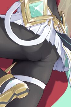 1girl ass ass_focus black_pantyhose dress lower_body microdress mythra_(massive_melee)_(xenoblade) mythra_(xenoblade) pantyhose pleated_dress solo suspenders taro_(peach_taro51) thigh_strap white_dress xenoblade_chronicles_(series) xenoblade_chronicles_2