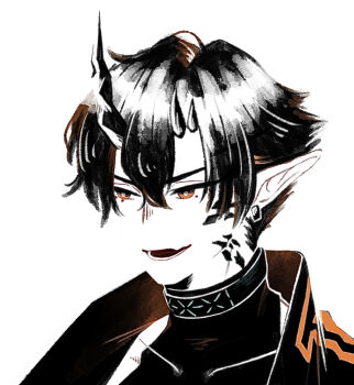 1boy arknights bishounen black_hair black_shirt commentary_request demon_boy demon_horns ear_piercing flamebringer_(arknights) hair_between_eyes horns infection_monitor_(arknights) jacket jewelry male_focus material_growth mugioec open_mouth orange_eyes oripathy_lesion_(arknights) piercing pointy_ears portrait shirt short_hair simple_background single_horn smile solo upper_body white_background
