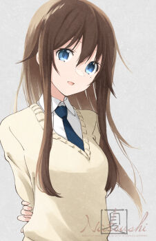 1girl arms_behind_back blue_eyes blue_necktie breasts brown_hair commentary_request copyright_notice dress_shirt long_hair looking_at_viewer miwa_ai natsushi necktie oomuro-ke shirt signature simple_background small_breasts solo sweater_vest upper_body white_shirt yellow_sweater_vest yuruyuri