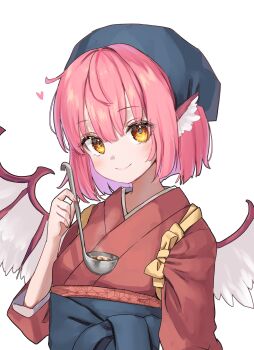 1girl absurdres alternate_costume animal_ears bird_ears bird_wings blush brown_kimono closed_mouth commentary_request headscarf heart highres holding holding_ladle japanese_clothes kimono ladle long_sleeves medium_hair mystia_lorelei pink_hair shironeko_yuuki smile solo touhou white_background wings yellow_eyes