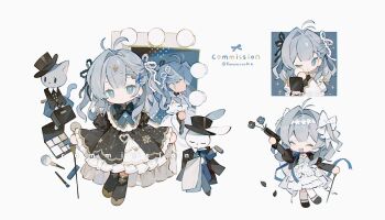 1girl :d antenna_hair black_dress black_hat black_socks blue_eyes blue_hair blunt_bangs brown_shoes chibi chibi_only closed_mouth commission double-parted_bangs dress frilled_dress frilled_sleeves frills full_body gun hair_intakes hat highres holding holding_gun holding_weapon juliet_sleeves kanae_(cookie) long_hair long_sleeves looking_at_viewer multiple_views open_mouth original puffy_sleeves rabbit shoes simple_background smile socks standing top_hat twitter_username weapon white_background wide_sleeves