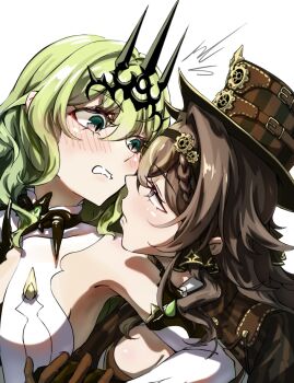 2girls black_tiara blush breasts brown_gloves brown_hair chinese_commentary cleavage commentary_request dress gloves hair_intakes hat honkai_(series) honkai_impact_3rd interlocked_fingers large_breasts long_hair looking_at_another medium_hair mobius_(honkai_impact) multiple_girls oshino_ogi slit_pupils tiara top_hat very_long_hair vill-v yuri