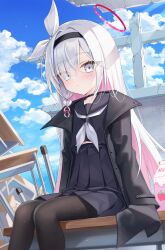 Rule 34 | 1girl, blue archive, grey hair, hairband, long hair, looking at viewer, multicolored hair, open clothes, outdoors, plana (blue archive), rangtori, sailor collar, solo, two-tone hair, white hair