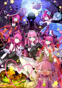 6+girls :d ^_^ antlers armor asymmetrical_horns bat_(animal) bikini_armor black_dress blue_dress blue_eyes blue_horns breasts child chinese_clothes closed_eyes closed_mouth csejte_pyramid_himeji_castle dragon_girl dress eliza_the_nine-tattooed_dragon_(fate) elizabeth_bathory_(brave)_(fate) elizabeth_bathory_(cinderella)_(fate) elizabeth_bathory_(fate) elizabeth_bathory_(fate/extra) elizabeth_bathory_(halloween_caster)_(fate) elizabeth_bathory_(japan)_(fate) elizabeth_bathory_(perfect)_(fate) elizabeth_bathory_(perfect)_(third_ascension)_(fate) fangs fate/grand_order fate_(series) full_moon game_cg group_picture halloween hat heart horns jack-o&#039;-lantern long_hair looking_at_viewer mecha_eli-chan_(fate) mecha_eli-chan_mk.ii_(fate) moon multiple_girls multiple_persona official_art open_mouth orange_dress pink_dress pink_hair purple_dress purple_horns purple_sky skin_fangs sky small_breasts smile star_(symbol) striped_clothes striped_dress third-party_source uneven_horns vertical-striped_clothes vertical-striped_dress wada_arco witch_hat