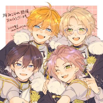 Rule 34 | ahoge, akehoshi subaru, bangs pinned back, black hair, blue-framed eyewear, blue eyes, border, commentary, ensemble stars!, fur-trimmed jacket, fur trim, glasses, green eyes, grid background, hair between eyes, hidaka hokuto, highres, index finger raised, isara mao, jacket, long sleeves, looking at viewer, male focus, one eye closed, open mouth, orange hair, pink hair, short hair, smile, teeth, trickstar (ensemble stars!), upper body, upper teeth only, white border, yawayapan, yuuki makoto (ensemble stars!)