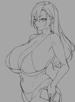 1girl bare_hips bare_shoulders bikini breasts cleavage grey_background huge_breasts large_breasts long_hair looking_at_viewer monochrome navel obmas original simple_background sketch standing swimsuit tagme