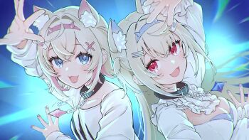 2girls :d animal_ear_fluff animal_ears arm_up asukaru_(magika_ru) black_collar blonde_hair blue_background blue_eyes blue_hairband breasts cleavage collar collarbone commentary crossed_bangs dog_ears dog_girl double-parted_bangs english_commentary fake_horns fang fuwawa_abyssgard hair_between_eyes hair_intakes hair_ornament hairband hairclip highres hololive hololive_english horn_hairband horns large_breasts long_hair long_sleeves looking_at_viewer mococo_abyssgard multiple_girls open_mouth parallel_hairclips pink_hairband red_eyes shirt skin_fang smile upper_body virtual_youtuber white_shirt x_hair_ornament