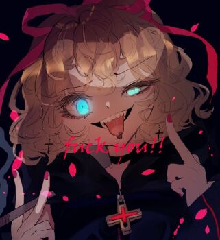 1girl alternate_costume black_background black_choker black_hoodie blonde_hair blue_eyes choker commentary_request fingernails hair_ribbon hood hood_down hoodie looking_at_viewer medicine_melancholy one-hour_drawing_challenge open_mouth piercing profanity red_nails red_ribbon ribbon shinjitsu_no_kuchi smile solo tongue tongue_out tongue_piercing touhou upper_body