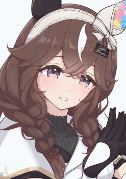 animal_ears blush braid breasts chahiro collarbone commentary_request curren_bouquetd'or_(umamusume) detached_sleeves gloves grey_eyes hair_between_eyes hair_ornament hairband highres horse_ears long_hair low_twin_braids open_mouth portrait simple_background small_breasts twin_braids umamusume white_background