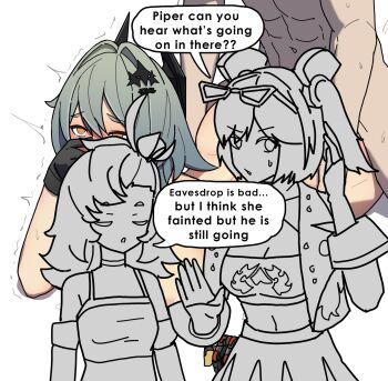 abs bent_over black_gloves blush burnice_white caesar_king_(zenless_zone_zero) censored closed_mouth commentary convenient_censoring covering_own_mouth crop_top doggystyle dorahdew eavesdropping english_commentary full-face_blush gloves grey_hair hair_ornament hand_on_own_face hands_on_another's_hips highres jacket nude piper_wheel sex sex_from_behind skirt speech_bubble sunglasses white_background wise_(zenless_zone_zero) zenless_zone_zero