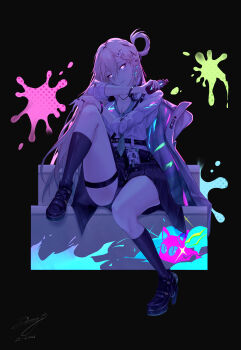 1girl absurdres black_shoes black_skirt black_socks blonde_hair blue_eyes breasts can cleavage commentary earrings full_body hair_ornament highres holding holding_can id_card jewelry knee_up long_hair looking_at_viewer lynae_(wuthering_waves) medium_breasts shirt shoes sitting skirt skull_hair_ornament socks solo spray_can star_(symbol) star_earrings thigh_strap white_background white_shirt wuthering_waves zing_(zingart)