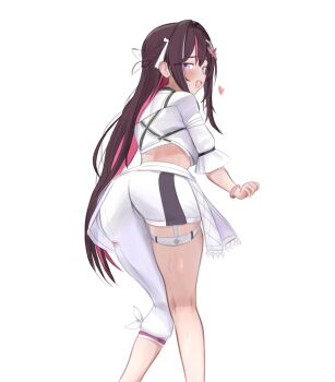 Rule 34 | azki (hololive), blush, bracelet, brown hair, commentary, d5y0m, english commentary, hair ornament, hairpin, heart, highres, hololive, hololive idol uniform (color rise), jewelry, long hair, long sleeves, looking at viewer, looking back, multicolored hair, open mouth, pants, photo-referenced, pink eyes, pink hair, shirt, simple background, smile, solo, standing, thigh strap, virtual youtuber, white background, white pants, white shirt