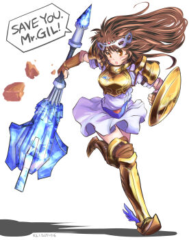 1girl absurdres arm_shield armored_boots artist_name belt blue_belt boots brown_eyes brown_gloves brown_hair chest_guard circlet commentary_request dated dress druaga_no_tou elbow_gloves english_text engrish_text fingerless_gloves flanged_mace full_body gloves highres holding holding_mace holding_weapon jewelry ki_(druaga) klixxxx long_hair looking_at_viewer mace necklace open_mouth ranguage running shadow shield short_dress solo speech_bubble standing thigh_boots weapon white_background white_dress winged_boots