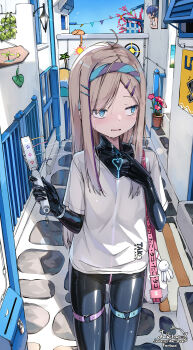 1girl ahoge bag blonde_hair blue_eyes bodysuit highres latex latex_bodysuit liclac loli long_hair looking_to_the_side open_mouth original outdoors shiny_clothes shirt skin_tight skindentation solo standing thigh_gap thigh_strap white_shirt