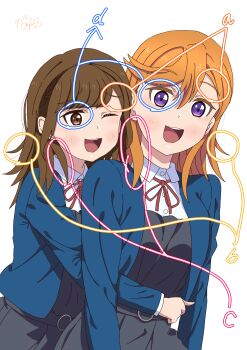 2girls :d absurdres animification blue_jacket breasts brown_eyes brown_hair collared_shirt commentary_request date_sayuri dress dress_shirt grey_dress highres hug hug_from_behind jacket long_hair love_live! love_live!_superstar!! medium_breasts medium_hair multiple_girls neck_ribbon noyu_z open_clothes open_jacket open_mouth orange_hair pinafore_dress pointing_out_the_details purple_eyes raised_inner_eyebrows real_life red_ribbon ribbon school_uniform shibuya_kanon shirt signature simple_background sleeveless sleeveless_dress smile voice_actor voice_actor_connection white_background white_shirt winter_uniform yuigaoka_school_uniform