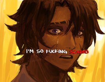 1boy brown_hair collared_shirt crying crying_with_eyes_open dark-skinned_male dark_skin english_text heathcliff_(project_moon) highres i&#039;m_so_fucking_scared_(meme) limbus_company meme nemoia project_moon purple_eyes shirt short_hair solo streaming_tears tears twitter_username white_shirt yellow_background