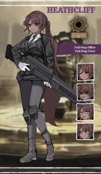 1girl :d :o ^_^ anger_vein black_boots black_jacket black_necktie black_pantyhose black_suit blue_archive boots character_name closed_eyes collared_shirt dark-skinned_female dark_skin english_text eyes_visible_through_hair formal_clothes full-stop_office_(identity)_(project_moon) genderswap genderswap_(mtf) gloves gun hair_over_one_eye heathcliff_(project_moon) highres holding holding_gun holding_weapon jacket knee_pads limbus_company long_hair looking_at_viewer looking_to_the_side multiple_expressions necktie ngancurindunia official_art_inset open_mouth pantyhose parody ponytail project_moon purple_eyes scar scar_on_face shaded_face shirt smile solo suit suit_jacket sweatdrop v-shaped_eyebrows weapon weapon_request white_gloves white_shirt