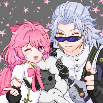 1boy 1girl aalto_(wuthering_waves) ahoge artist_request black_flower black_gloves blake_bloom_(wuthering_waves) bow commentary_request dress encore_(wuthering_waves) flower gloves grey_hair hair_between_eyes hair_bow hair_ornament hair_vines highres long_hair looking_at_viewer low_twintails one_eye_closed open_mouth pangu_terminal_(wuthering_waves) pink_bow pink_hair purple_eyes smile tacet_mark_(wuthering_waves) twintails white_dress white_hair wuthering_waves yellow_eyes