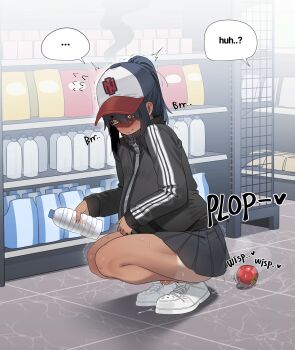 ... 1boy :> anal anal_fluid anal_object_insertion apple baseball_cap black_hair black_jacket black_skirt blush bottle commentary_request convenience_store crossdressing crossdressing_(mtf) cum dark-skinned_male dark_skin ejaculation english_text food fruit full_body hat high_ponytail highres holding holding_bottle in_(ain) indoors jacket korean_commentary long_sleeves looking_down medium_hair nervous_sweating nose_blush object_insertion orange_eyes original penis plastic_bottle pleated_skirt ponytail public_indecency shelf shop shoplifting sidelocks skirt solo speech_bubble spoken_ellipsis squatting stomach_bulge sweat tan tanline thighs tile_floor tiles track_jacket uncensored zipper zipper_pull_tab