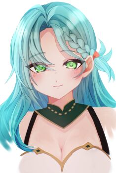 1girl aqua_hair braid breasts chloe_(fire_emblem) cleavage closed_mouth eyes_visible_through_hair fire_emblem fire_emblem_engage green_eyes highres long_hair looking_at_viewer medium_breasts nintendo simple_background smile solo upper_body white_background yuki_toumin