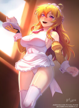 1girl alternate_costume apron artist_name blonde_hair breasts detached_sleeves enmaided frilled_hairband frills hairband highleg highleg_leotard highres holding holding_saucer large_breasts leotard long_hair looking_at_viewer maid mechanical_arms necktie no_pants prosthesis prosthetic_arm purple_eyes rwby saucer sideboob single_mechanical_arm teapot thighhighs vilde_loh_hocen white_apron white_thighhighs yang_xiao_long