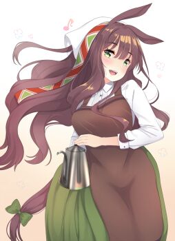 1girl :d animal_ears apron blunt_bangs blush bow breasts brown_apron brown_background brown_hair centaur coffee_pot collared_shirt commentary_request cowboy_shot floating_hair gradient_background green_bow green_eyes hair_between_eyes head_tilt headscarf highres holding horse_ears horse_tail kiyomin large_breasts long_hair long_sleeves looking_at_viewer monster_girl multiple_legs musical_note open_mouth original shirt sidelocks simple_background smile solo standing tail tail_bow tail_ornament taur teeth upper_teeth_only white_background white_headscarf white_shirt