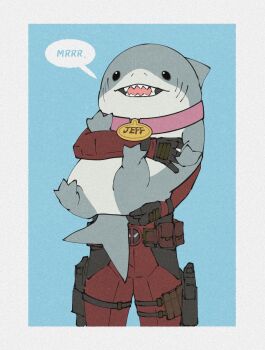 1boy animal black_eyes black_gloves blue_background bodysuit border character_name collar commentary cowboy_shot deadpool deadpool_(series) fins fish_tail gloves gun handgun highres hug jeff_(marvel) looking_at_viewer marvel marvel_rivals open_mouth pink_collar red_bodysuit shark shark_tail sharp_teeth simple_background speech_bubble standing superhero_costume symbol-only_commentary tail teeth thigh_strap weapon white_border yamuoez