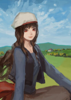 Rule 34 | 1girl, bad id, bad pixiv id, beret, blue shirt, brown hair, cloud, day, female focus, field, hat, holo, ishidah, lips, long hair, long skirt, mountain, red eyes, shirt, sitting, skirt, sky, smile, solo, spice and wolf, vest