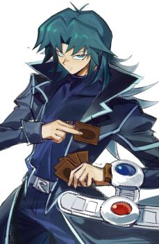 1boy black_coat black_shirt card coat cowboy_shot deck_of_cards duel_disk green_eyes green_hair highres holding holding_card long_hair male_focus marufuji_ryo shirt simple_background solo tawashipurin trading_card white_background yu-gi-oh! yu-gi-oh!_gx