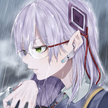 1girl absurdres commentary_request earpiece glasses green_eyes hair_ornament heaven_burns_red highres izumi_yuki_(heaven_burns_red) kalin_note long_hair neck_ribbon rain ribbon
